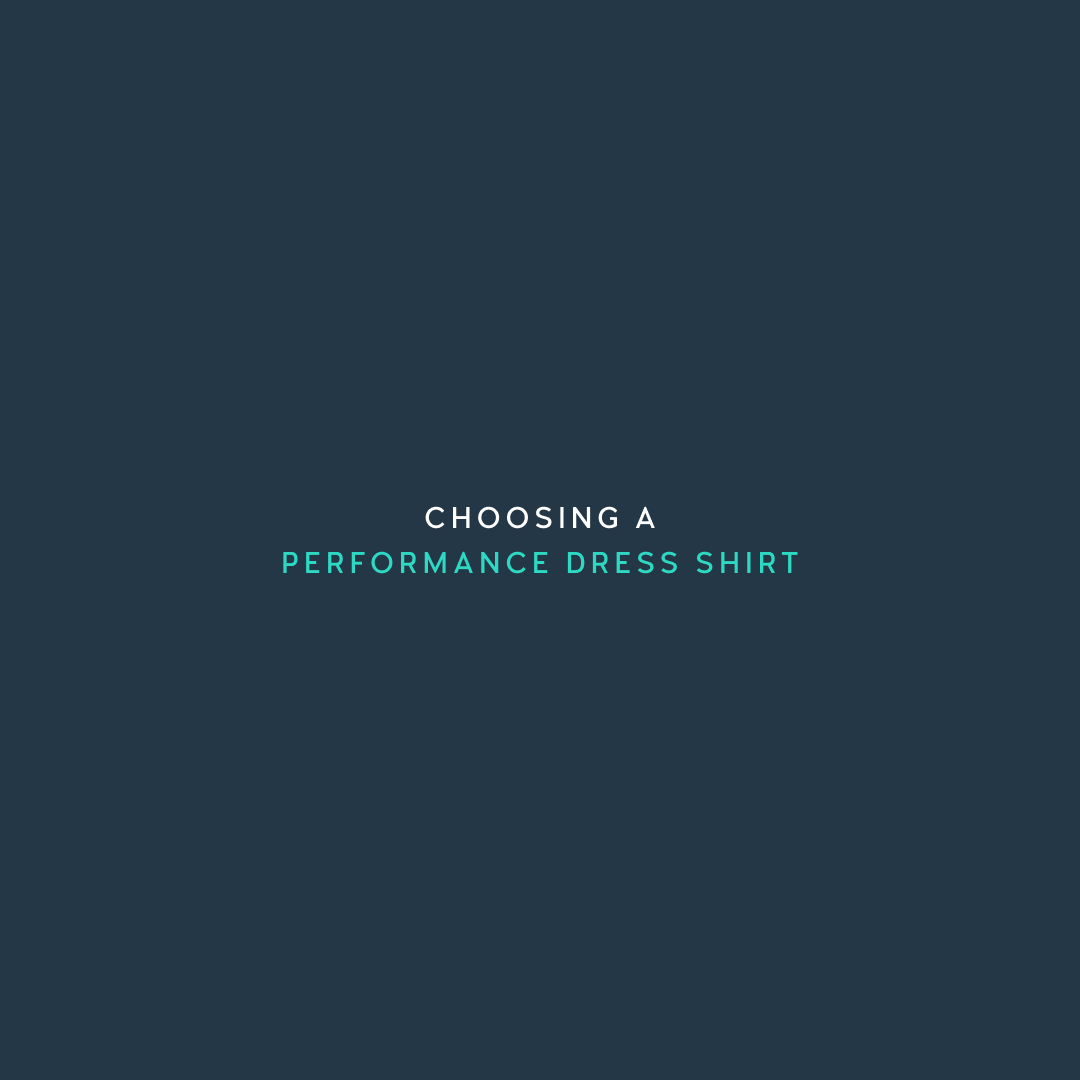 A white dress shirt being stretched, with a title "How to choose a performance dress shirt"